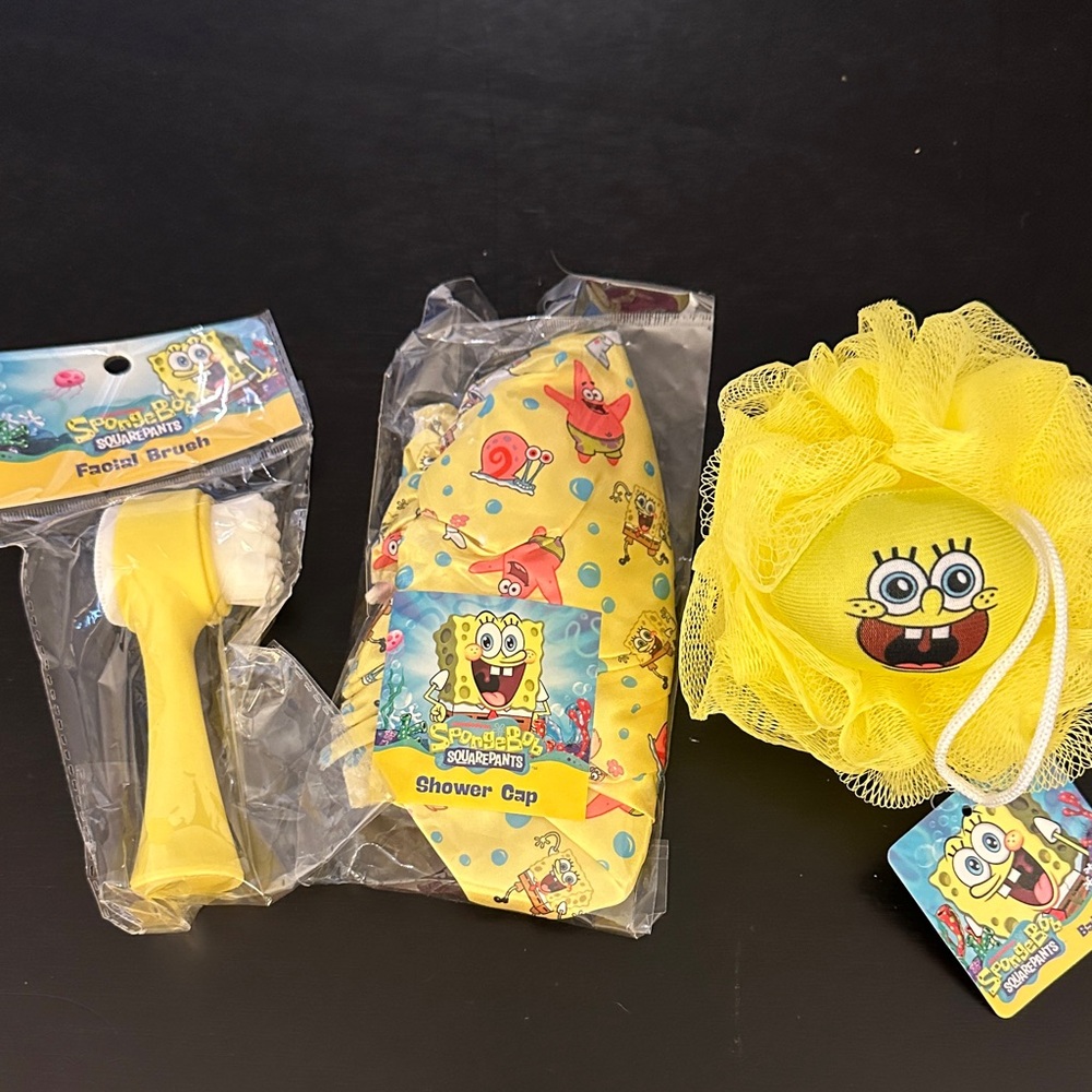 SpongeBob SquarePants Bath Set Shower Cap Bath Poof Facial Brush